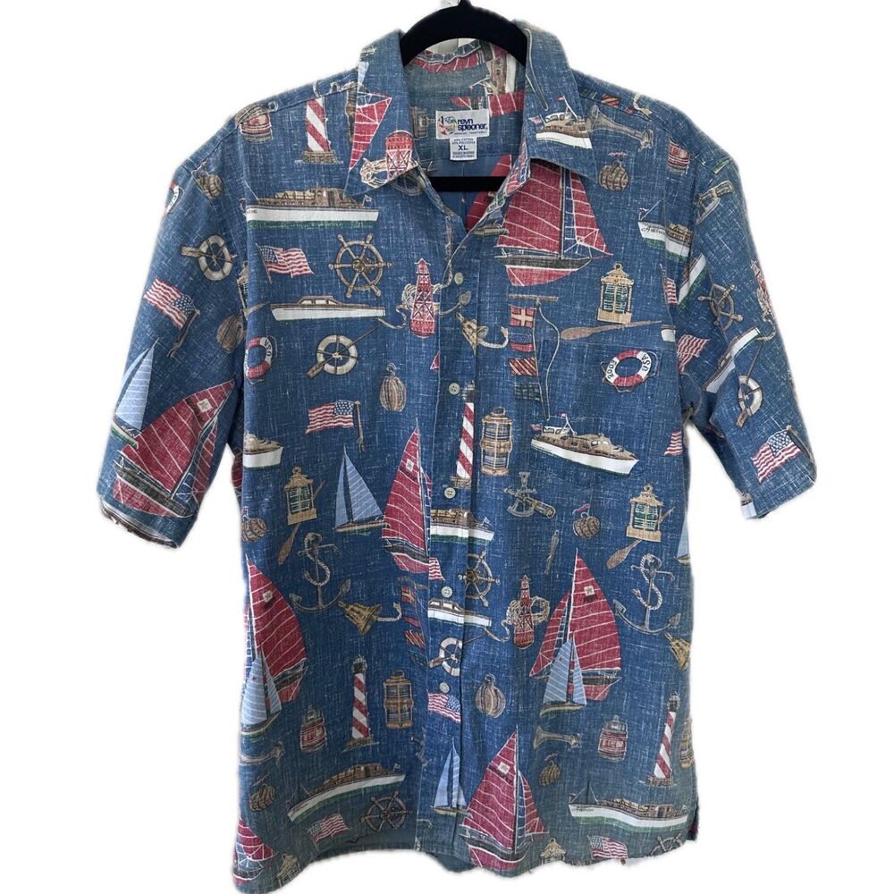 Reyn Spooner Hawaiian Aloha Button Down Unique Textile Sailboat Collar Shirt XL